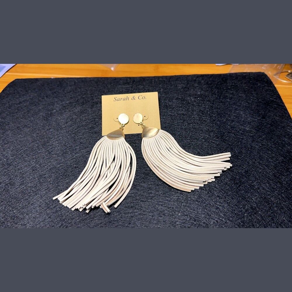 Sarah & Co Cream Fringe Tassel Statement Earrings Gold Boho Long Drop NWT